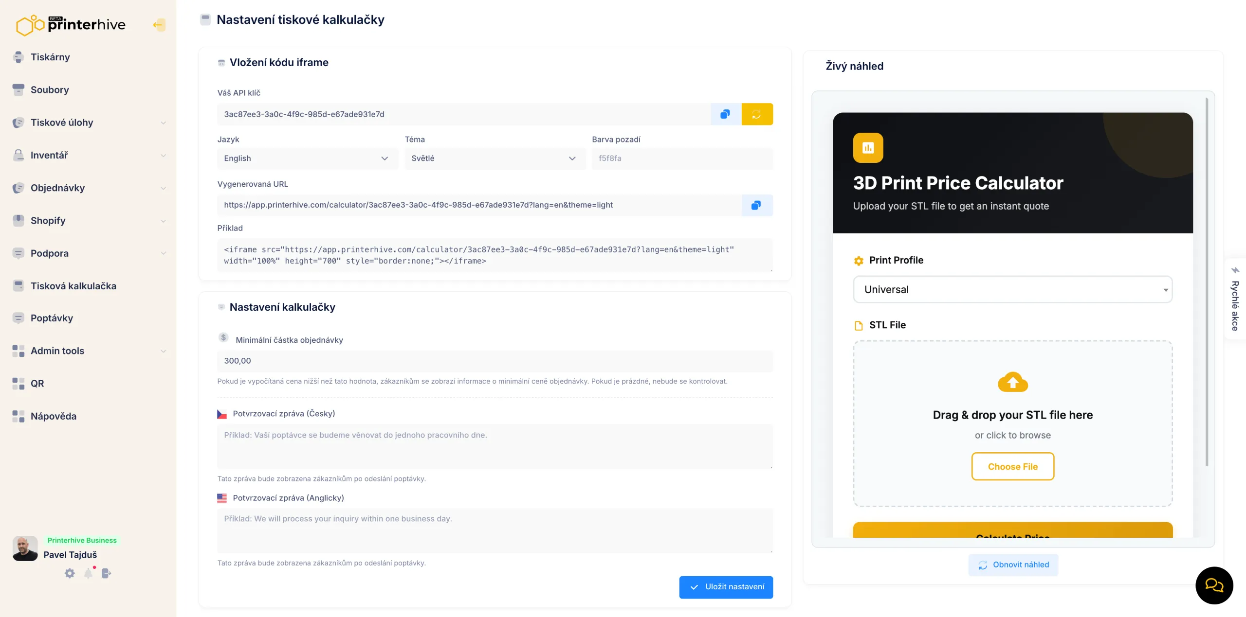 Printerhive admin screen for configuring the 3D print quote calculator